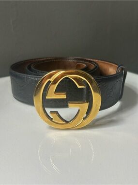 Gucci GG Gold Buckle Dark Navy Blue Guccissima Leather Belt